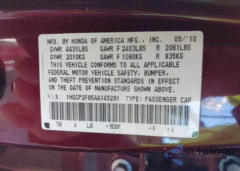 2010 Honda Accord 2.4 Ex-L из США, поврежденный, VIN 1HGCP2F85AA145291